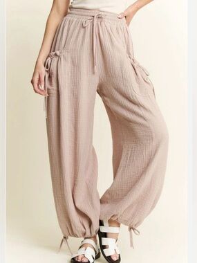 Jade By Jane Gauze Cargo Convertible Jogger Pants - Taupe Beige Size XL